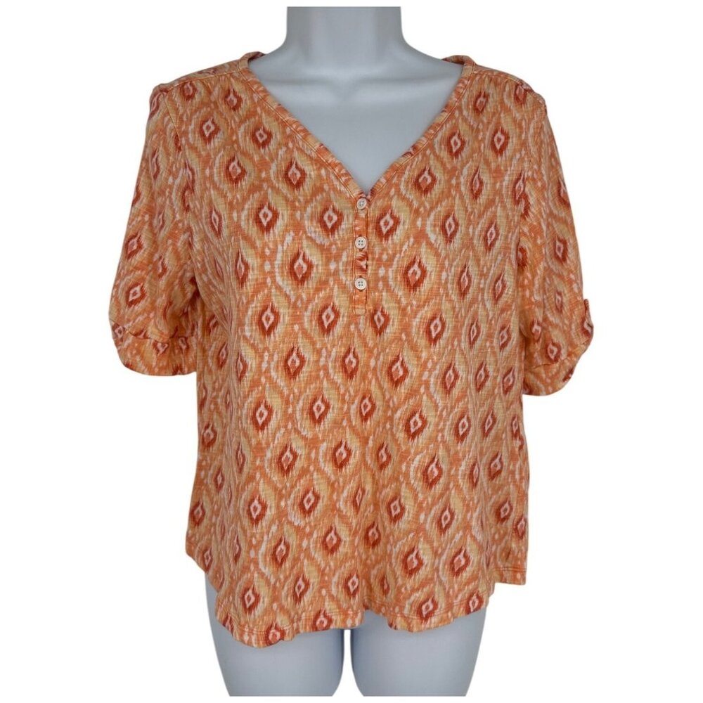 Chicos Button Front V-Neck Blouse With Roll-Tab Sleeves Womens  Size 1 US M